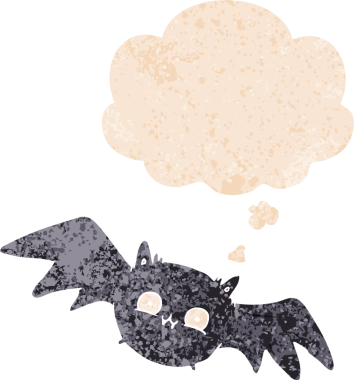 Düşünce baloncuğu ve grunge ile cadılar bayramı yarasası çizgi filmi bir insan tarafından çizilmiş sıkıntılı retro dokuma tarzı