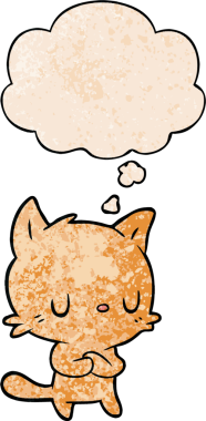 Bir insan tarafından çizilmiş grunge desenli düşünce baloncuklu çizgi film kedisi.