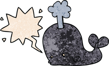 Konuşma baloncuğu olan karikatür balinası insan tarafından çizilmiş.