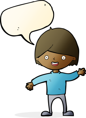 Bir insan tarafından çizilmiş konuşma balonu olan bir çizgi film çocuğu.