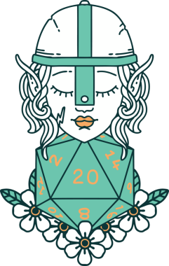 Retro Tattoo stili elf dövüşçüsü. Bir insan tarafından çizilmiş 20 zar ile.