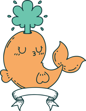 Dövme stili parşömen bir insan tarafından çizilmiş mutlu, fışkırtan balina karakteri