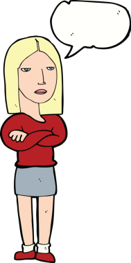 Bir insan tarafından çizilmiş, kolları katlanmış, konuşma balonu olan çizgi film kadını.