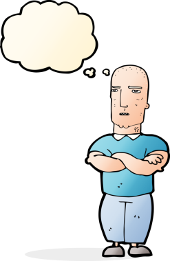 Bir insan tarafından çizilen düşünce baloncuğuyla kel bir adamı sinirlendiren çizgi film.