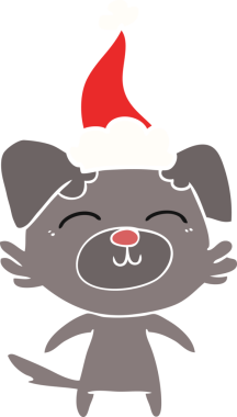 Bir insan tarafından çizilmiş Noel Baba şapkası takan bir köpeğin düz renkli çizimi.