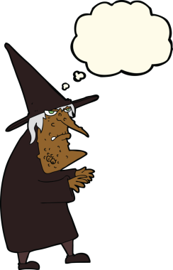 Bir insan tarafından çizilmiş düşünce baloncuğu olan çirkin yaşlı cadı çizgi filmi.