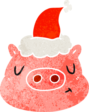 Bir insan tarafından çizilmiş Noel Baba şapkası takan domuz suratlı eski bir çizgi film.
