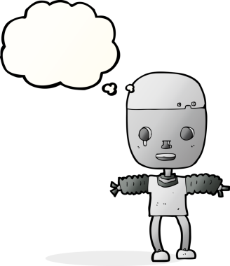 Bir insan tarafından çizilmiş düşünce baloncuklu çizgi film robotu