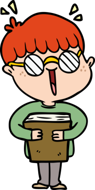 Çizgi filmci çocuk ve kitap bir insan tarafından çizilmiş.