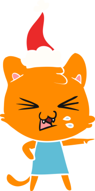 Bir insan tarafından çizilmiş Noel Baba şapkası takan bir kedinin düz renk çizimi.