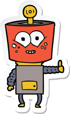 Bir insan tarafından çizilen mutlu çizgi film robotunun çıkartması.