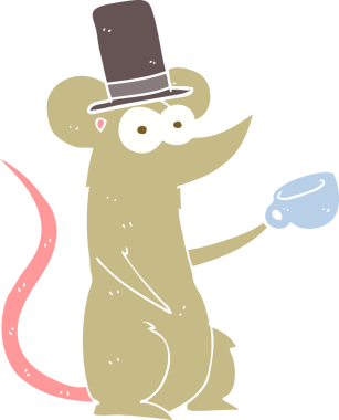 Bir insan tarafından çizilmiş fincanlı ve silindir şapkalı farenin düz renk çizimi