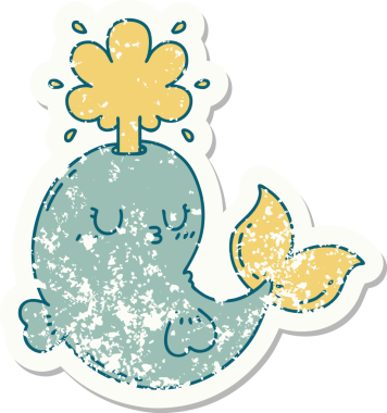 Dövme stili eski bir çıkartma. Bir insan tarafından çizilmiş mutlu, fışkırtan balina karakteri.