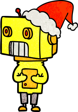 Bir insan tarafından çizilmiş Noel Baba şapkası giyen bir robotun el çizimi karikatürü.