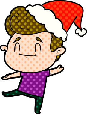 Mutlu el çizimi çizgi roman tarzı Noel Baba şapkası giyen bir adamın bir insan tarafından çizilmiş resmi.