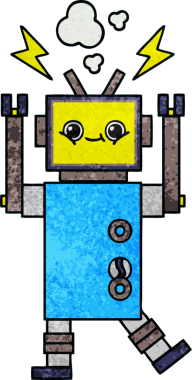 Bir insan tarafından çizilmiş arızalı bir robotun retro grunge desen karikatürü