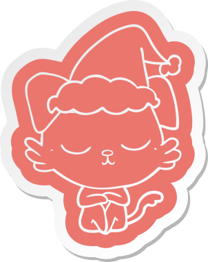 Bir insan tarafından çizilmiş Noel Baba şapkası takan bir köpeğin komik çizgi film çıkartması.