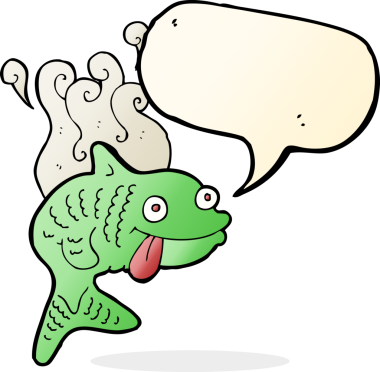 Bir insan tarafından çizilmiş konuşma balonlu kokulu balık çizgi filmi.