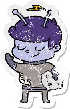 Bir insan tarafından çizilmiş meteor tutan dost canlısı bir uzay adamının sıkıntılı çıkartması.