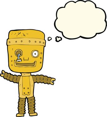 Bir insan tarafından çizilmiş düşünce baloncuklu komik altın robot.