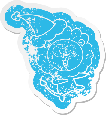 Mutlu çizgi film, bir insan tarafından çizilmiş Noel Baba şapkası takan bir aslanın hüzünlü çıkartması.