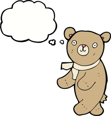 Bir insan tarafından çizilmiş düşünce baloncuğu olan sevimli çizgi film ayısı.