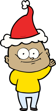 Bir insan tarafından çizilmiş Noel Baba şapkası giymiş kel bir adamın el çizimi.