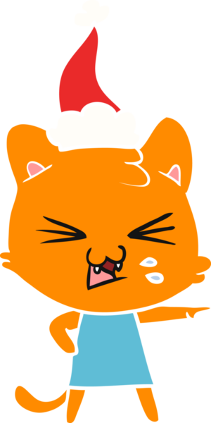 Bir insan tarafından çizilmiş Noel Baba şapkası takan bir kedinin düz renk çizimi.
