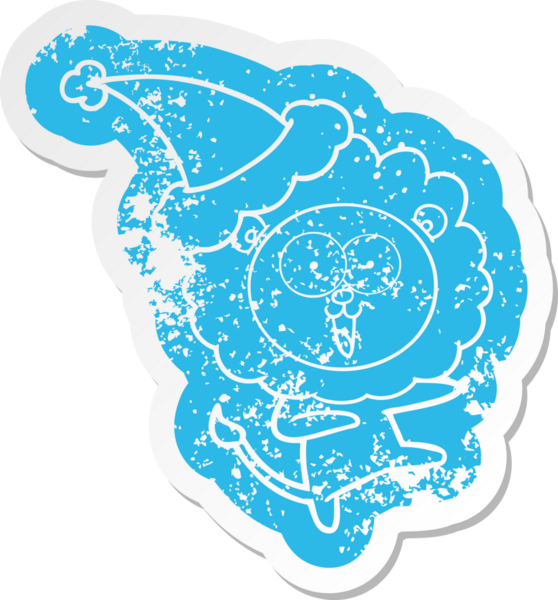 Mutlu çizgi film, bir insan tarafından çizilmiş Noel Baba şapkası takan bir aslanın hüzünlü çıkartması.