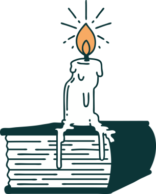 Geleneksel dövme stili mumların insan eliyle çizilmiş bir kitapla eritildiğini gösteriyor.