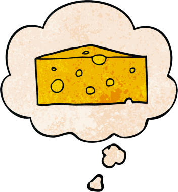 Bir insan tarafından çizilmiş grunge desenli düşünce baloncuklu çizgi film peyniri.