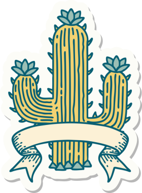 Bir insan tarafından çizilmiş bir kaktüsün pankartıyla dövme stili çıkartması.