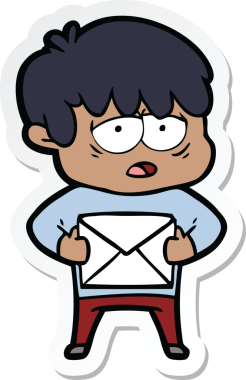 Bir çizgi film çıkartması. Bir insan tarafından çizilmiş, yorgun bir çocuk.