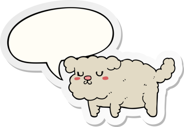 Bir insan tarafından çizilmiş konuşma balonu çıkartmalı çizgi film köpeği.