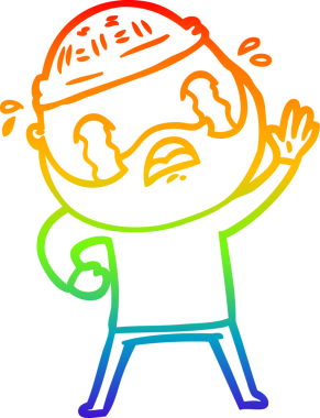 Bir insan tarafından çizilmiş, el sallayan ve ağlayan sakallı bir adamın çizimi.