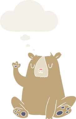 Çizgi film ayısı; insan tarafından çizilmiş düşünce baloncuğuyla el sallıyor.