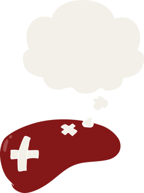 Karaciğeri insan tarafından çizilmiş eski usul düşünce baloncuklarıyla onardı.