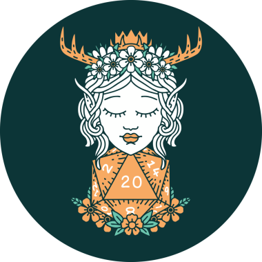 Bir insan tarafından çizilmiş nautral yirmi zar ile Elf Druid karakterinin simgesi