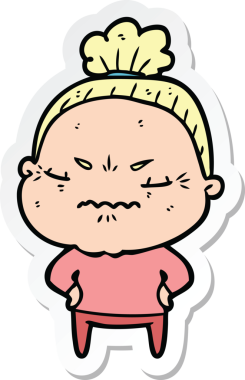 Çizgi film çıkartması. Bir insan tarafından çizilmiş yaşlı bir kadın.