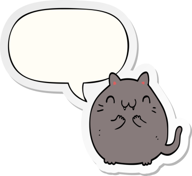 Bir insan tarafından çizilmiş baloncuk çıkartmalı mutlu çizgi film kedisi.