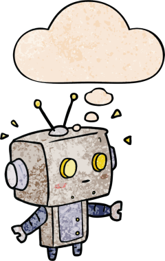 Bir insan tarafından çizilmiş grunge desenli düşünce baloncuğu olan çizgi film robotu.