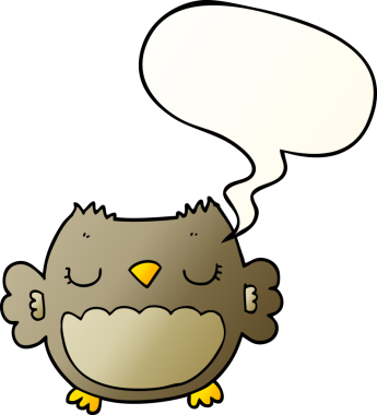 Bir insan tarafından çizilmiş yumuşak eğimli konuşma baloncuğu olan sevimli çizgi film baykuşu