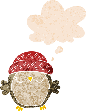 Şapkalı şirin bir baykuş. Grunge 'da düşünce baloncuğu var. Bir insan tarafından çizilmiş desenli.