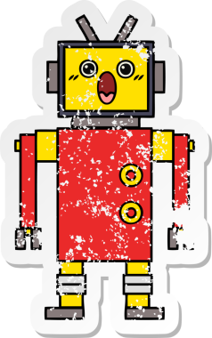 Bir insan tarafından çizilmiş sevimli bir robot çizgi film çıkartması.