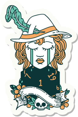 Ağlayan bir insan Druid karakterinin çıkartması. Bir insan tarafından çizilmiş doğal bir D20 rulosu.