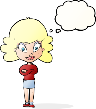 Bir insan tarafından çizilmiş düşünce balonuyla kollarını kavuşturmuş mutlu bir kadın çizgi filmi.