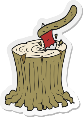 Bir insan tarafından çizilmiş ağaç kütüğündeki baltanın çıkartması.