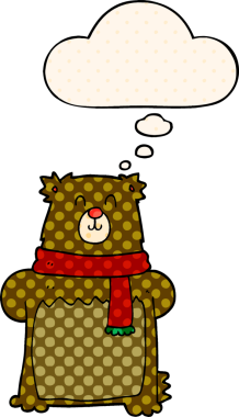 Çizgi roman tarzında bir insan tarafından çizilmiş düşünce kabarcığı olan çizgi film ayısı.