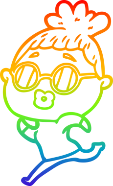 Bir insan tarafından çizilmiş güneş gözlüğü takan çizgi film kadını çizimi.