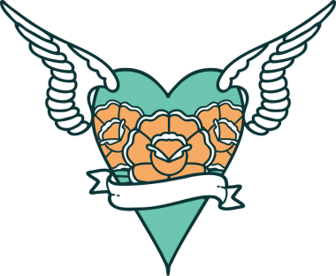 Kanatları ve pankartı insan tarafından çizilmiş bir kalbin ikonik dövme görüntüsü.